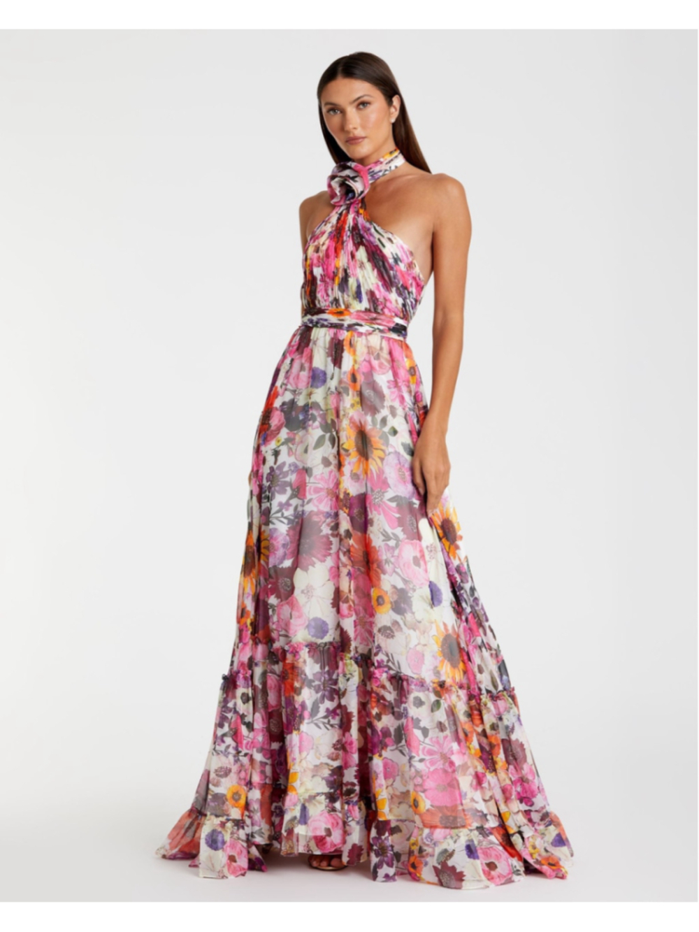 Mac Duggal Floral Chiffon Halter Rosette Gown Black Multi Size 10 NWT
